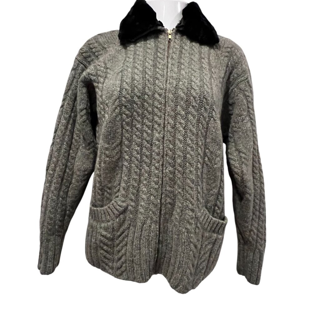 April Cornell Vtg Wool Cable Knit Zip Cardigan, Fur Collar, Green, L
